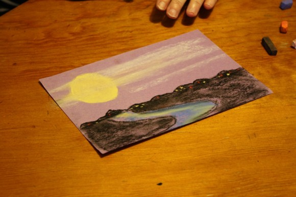What fun to make a night time scene with chalk pastels! In time for a full harvest moon, Nana taught us a harvest moon nocturn pastel lesson. 