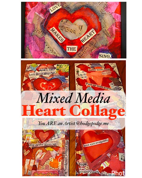 Mixed Media Heart Collage with Acrylics and homemade modgepodge - so much fun for Valentine's Day or any time of the year!