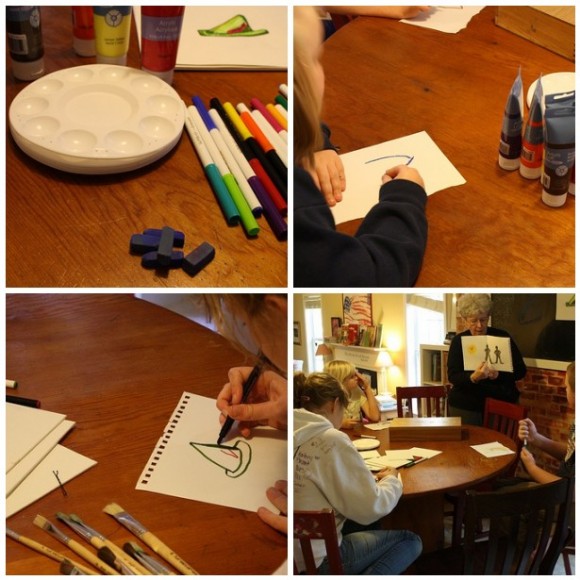 Peter Pan Art Lesson with Nana of ChalkPastel. Nana had sketched her Peter Pan hat with markers before she came to share her lesson. We pulled out the chalk pastels and we listened to Nana describe the basic shape of the hat.