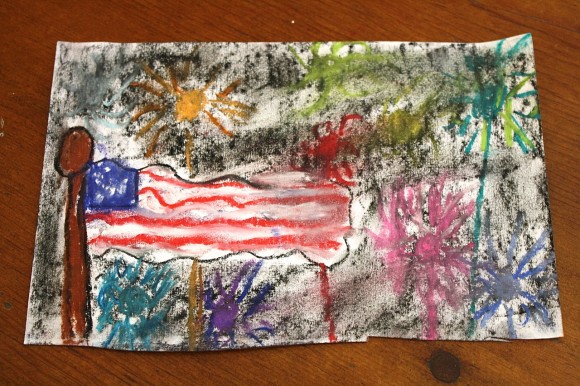 flag chalk pastel art with fireworks