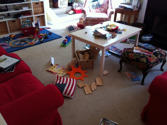 After a homeschool day with piles of books and toys spread everywhere.