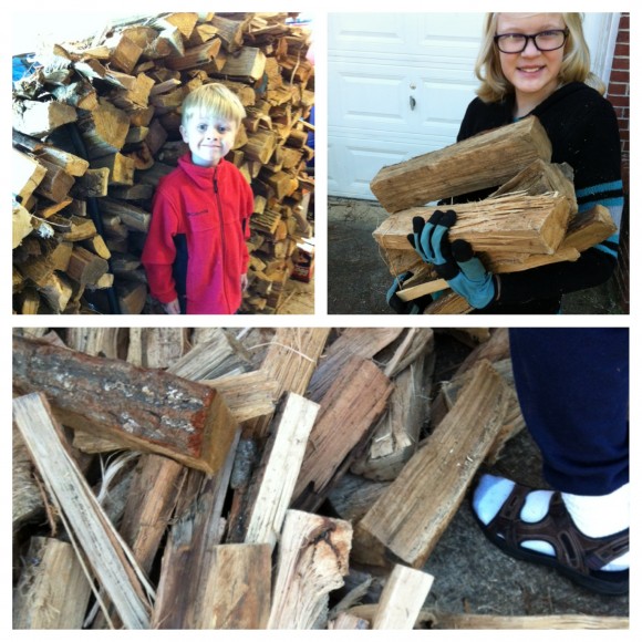 stacking firewood for homeschool PE