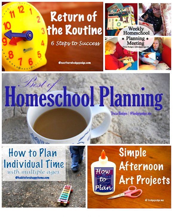 A round up of all the best on homeschool planning at Hodgepodge. Annual planning and goal setting, weekly planning, art projects, Tapestry and more.