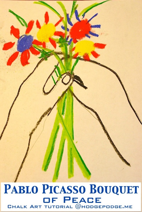 Picasso bouquet of peace chalk art tutorial. In this video tutorial, Nana shows us how to first sketch the hands and then outline in chalk pastel. We then add those fantastic flowers in primary colors.