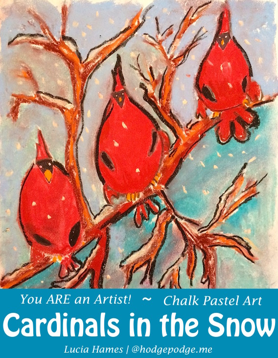 A step-by-step cardinals in the snow chalk art tutorial with the brilliant red of cardinals, the white snow and an aqua background. You ARE an artist!