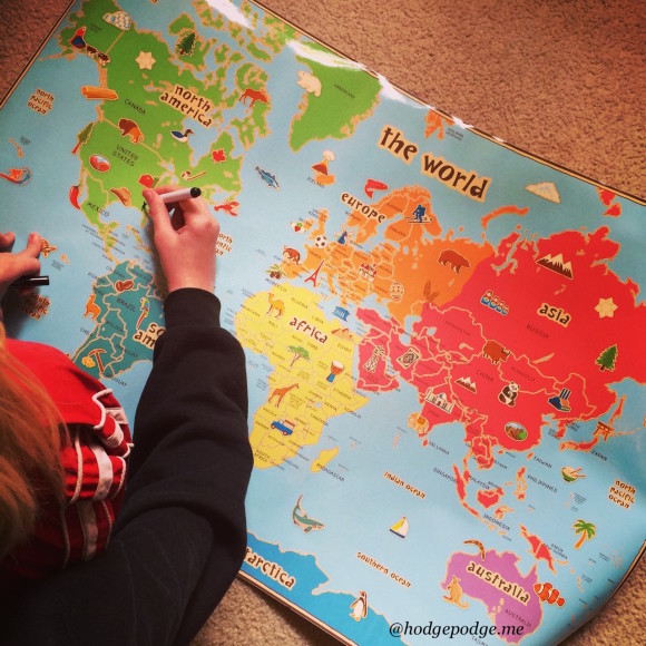 Wallpops dry erase world map  January homeschool routine! How the first two weeks of January can go for a homeschool family with multiple ages from first grade to a high school junior.