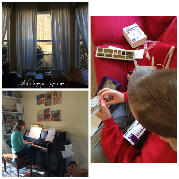 Hodgepodge Homeschool with a view of the school room, piano playing and Little Bits