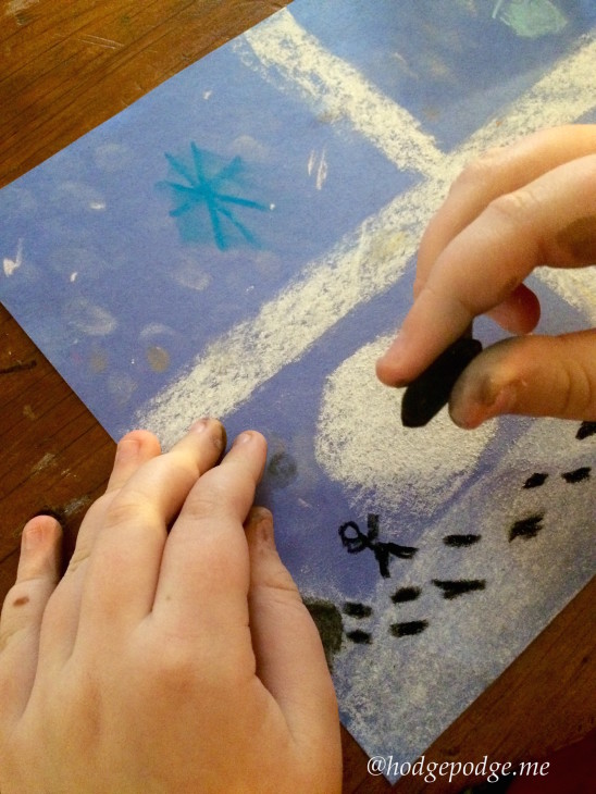 Look how realistic the chalk pastels make the window - fingerprints! And a snowball just hit the window pane!