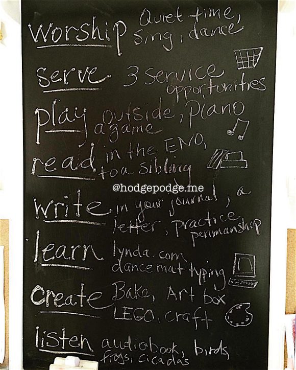 Chalkboard of summer prompts at Hodgepodge - action verbs to keep the learning going!