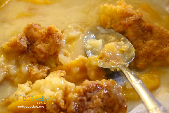 Nana's Old fashioned peach cobbler recipe is very simple to make and uses a boxed cake mix! Great for family celebrations or any time.